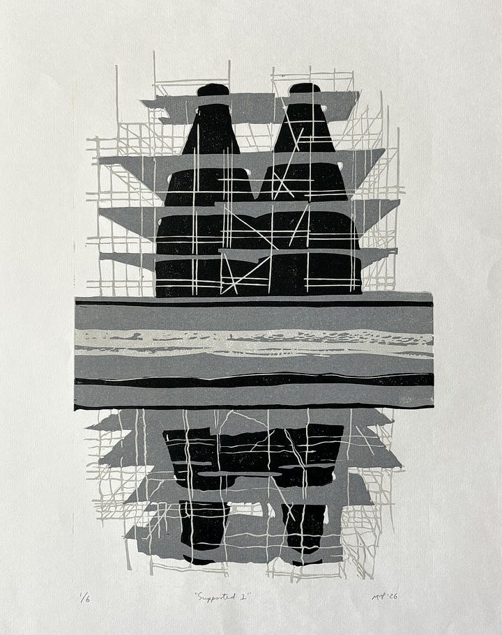 The four different versions of the completed set: 1. Light grey scaffolding, mid grey platforms and almost black kilns; 2yellow scaffolding, red platforms and jade kilns; 3. yellow scaffolding, red platforms and purply black kilns; 4. soft dawn light background, light grey scaffolding, light brown platforms with a darker brown wall, and a chocolatey brown shade for the kilns.