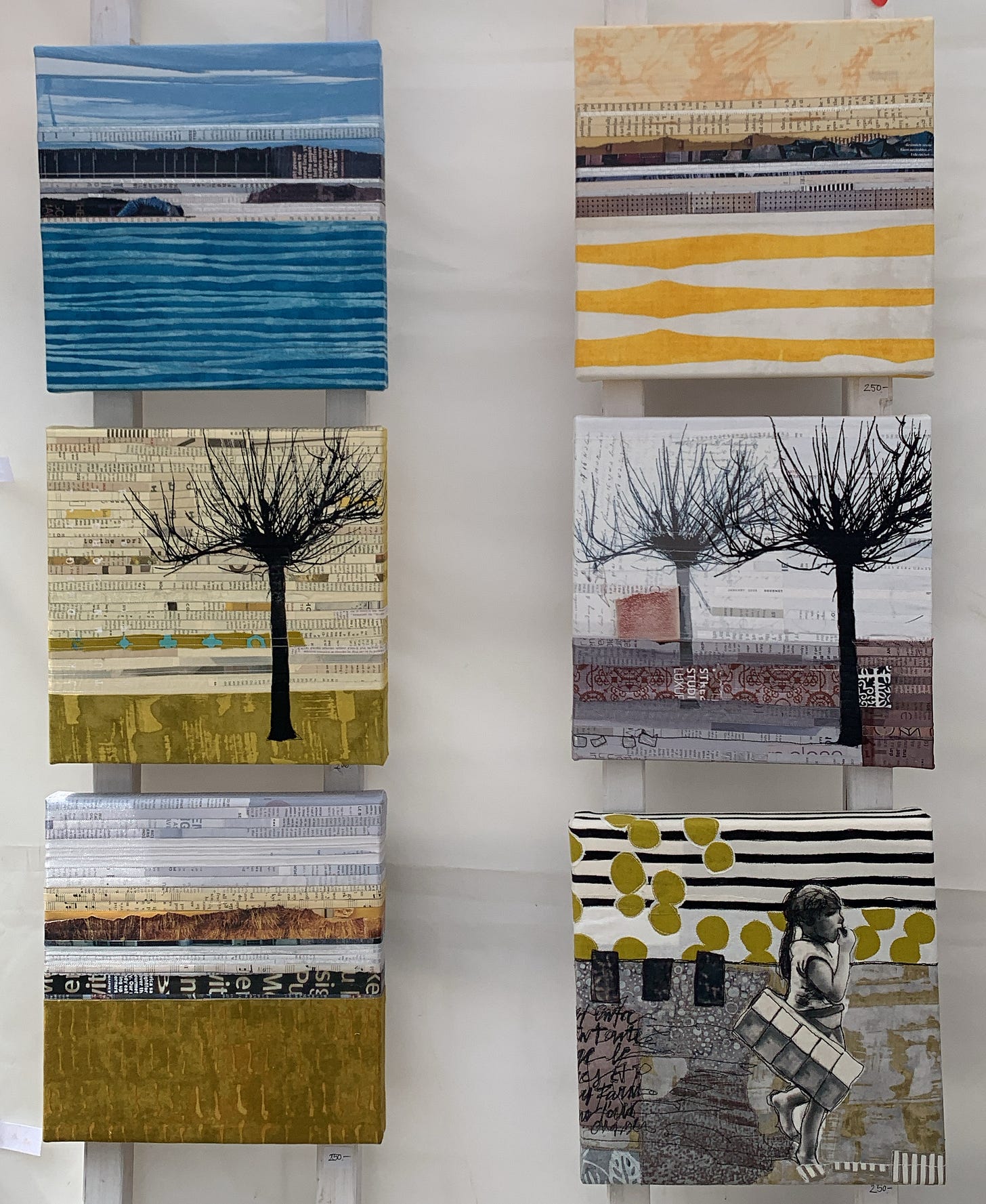 Images of paintings with trees and parallel lines evocative of landscapes, made out of newspaper clippings and other text snippets.