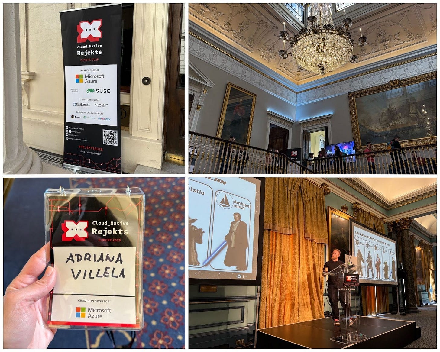 Four images from Cloud Native Rejekts Europe 2023: a banner with event details and sponsors, a grand hall with attendees, a name badge showing Adriana Villela and the champion sponsor Microsoft Azure, and a speaker discussing Ambient Mesh and Istio on stage.