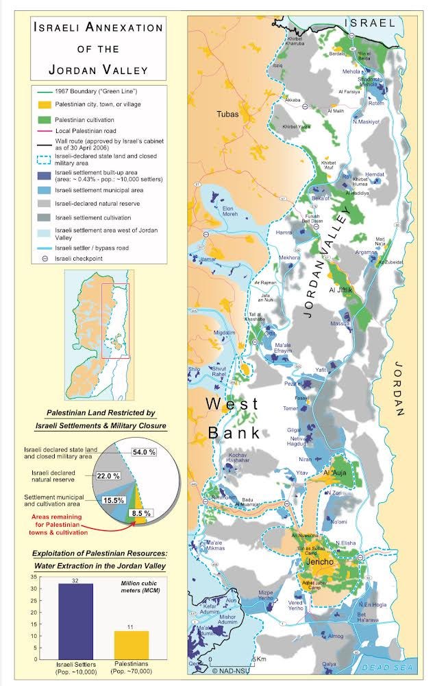 A map titled "Israeli Annexation of the Jordan Valley." On the left is a map key with symbols representing things like Israeli checkpoints and Palestinian cities, towns, and villages. On the left is a map of the West Bank, with the Jordan Valley area outlined in blue. The country of Jordan is shown to the right of the West Bank. 