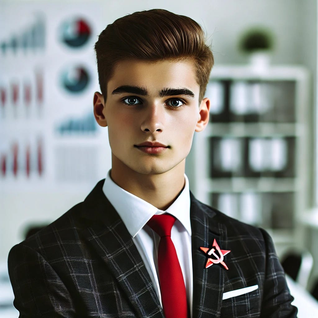 A young and ambitious tax consultant with communist ideology, wearing a formal suit and tie. The person has a professional appearance but with subtle hints of their communist beliefs, such as a red star pin on the suit. The expression on their face shows determination and intelligence, with a clean-cut hairstyle and a sharp, confident look. The background is a modern office setting with documents and charts related to fiscal policy, reflecting a mix of professionalism and ideological passion. A young and ambitious tax consultant with communist ideology, wearing a formal suit and tie. The person has a professional appearance but with subtle hints of their communist beliefs, such as a red star pin on the suit. The expression on their face shows determination and intelligence, with a clean-cut hairstyle and a sharp, confident look. The background is a modern office setting with documents and charts related to fiscal policy, reflecting a mix of professionalism and ideological passion.