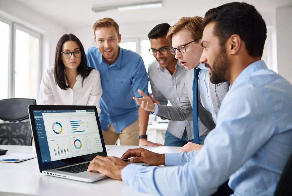 A developer shows colleagues a working app in a modern office, capturing their surprised reactions in a realistic style.