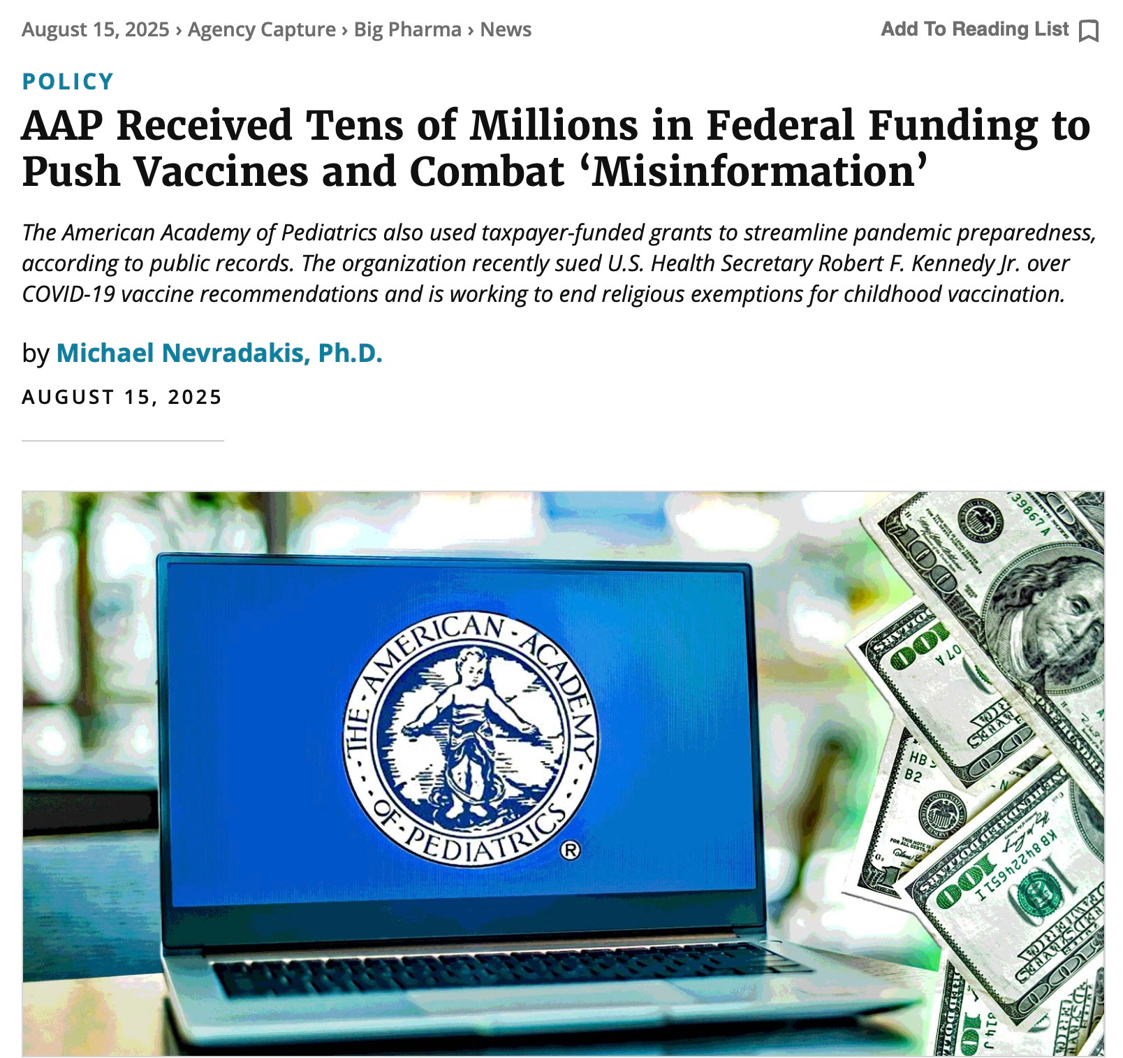 American Academy of Pediatrics received $35 million from taxpayers in 2023, plus $$ funds from Pharma--no wonder it demands vaccine mandates in schools and is suing Sec. Kennedy