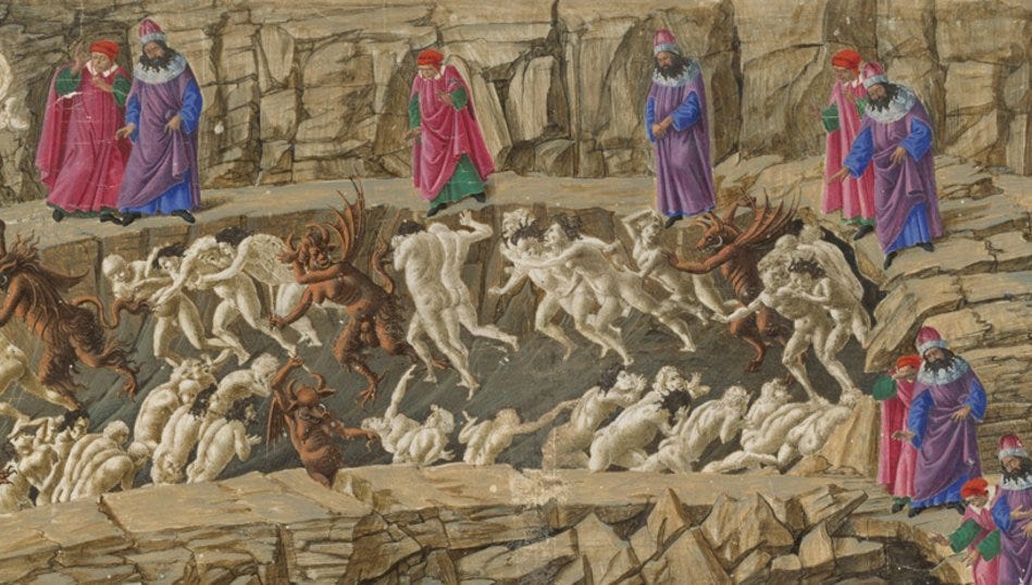 Sandro Botticelli: Dante and Vergil in the Eighth Circle of Hell (Inferno XVIII), after ca. 1480–1495