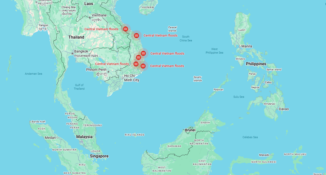 A map of Southeast Asia highlighting multiple “Central Vietnam floods” markers across Vietnam’s central provinces, showing affected areas from north to south. Surrounding countries such as Thailand, Laos, Cambodia, Malaysia, Singapore, the Philippines, and Indonesia are also visible for geographic context.