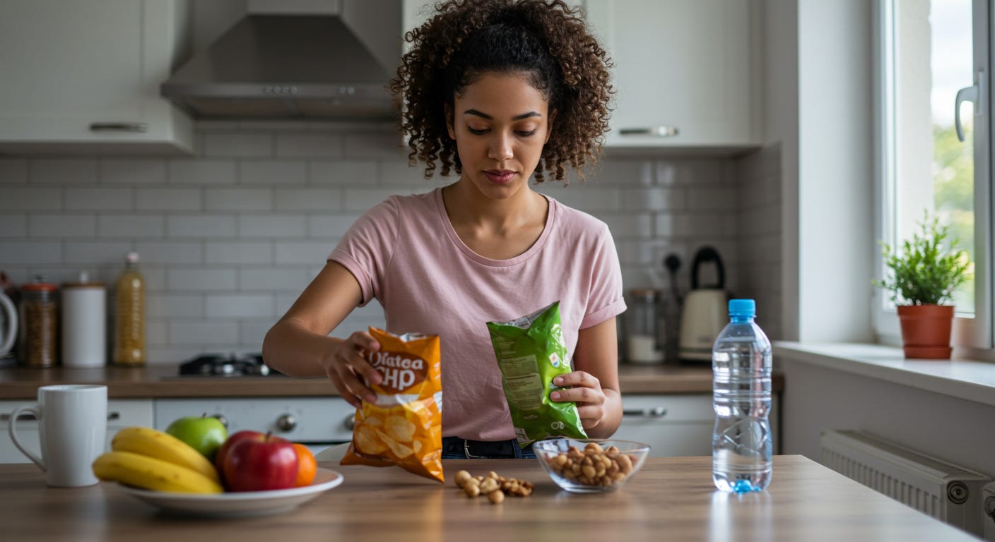 Woman swaps chips for nuts in a bright kitchen with healthy snacks on the counter. Woman swaps chips for nuts in a bright kitchen with healthy snacks on the counter.