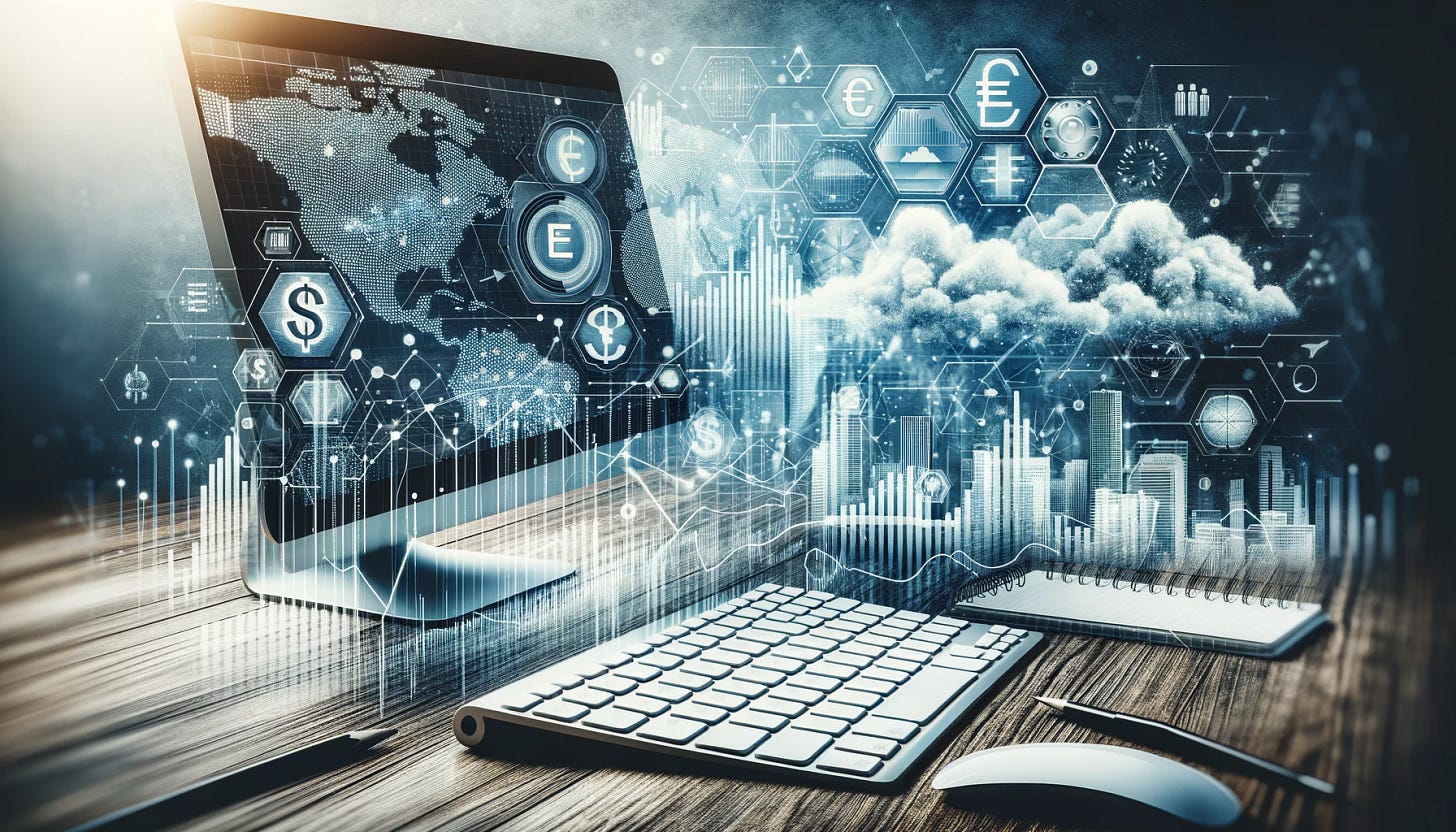 A 16:9 aspect ratio image featuring a keyboard and monitor, emphasizing an economics newsletter theme without any words or clouds. The image should include abstract representations of economic concepts like currency symbols, trend lines, and stylized depictions of financial districts, artistically integrated around the monitor and keyboard. The color scheme should be a sophisticated blend of blues and grays, creating a sleek and professional atmosphere appropriate for an economics-focused setting. A 16:9 aspect ratio image featuring a keyboard and monitor, emphasizing an economics newsletter theme without any words or clouds. The image should include abstract representations of economic concepts like currency symbols, trend lines, and stylized depictions of financial districts, artistically integrated around the monitor and keyboard. The color scheme should be a sophisticated blend of blues and grays, creating a sleek and professional atmosphere appropriate for an economics-focused setting.