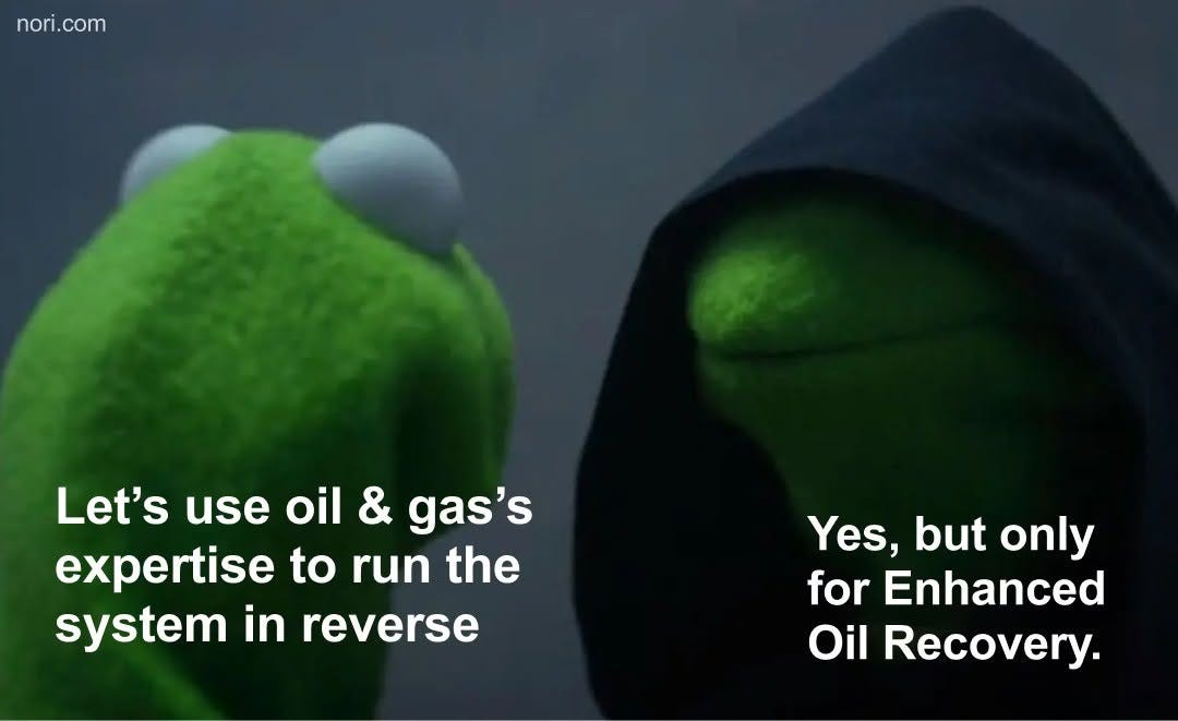 Evil Kermit meme. Kermit: "Let's use oil & gas's expertise to run the system in reverse." Hooded Kermit: "Yes, but only for Enhanced Oil Recovery."