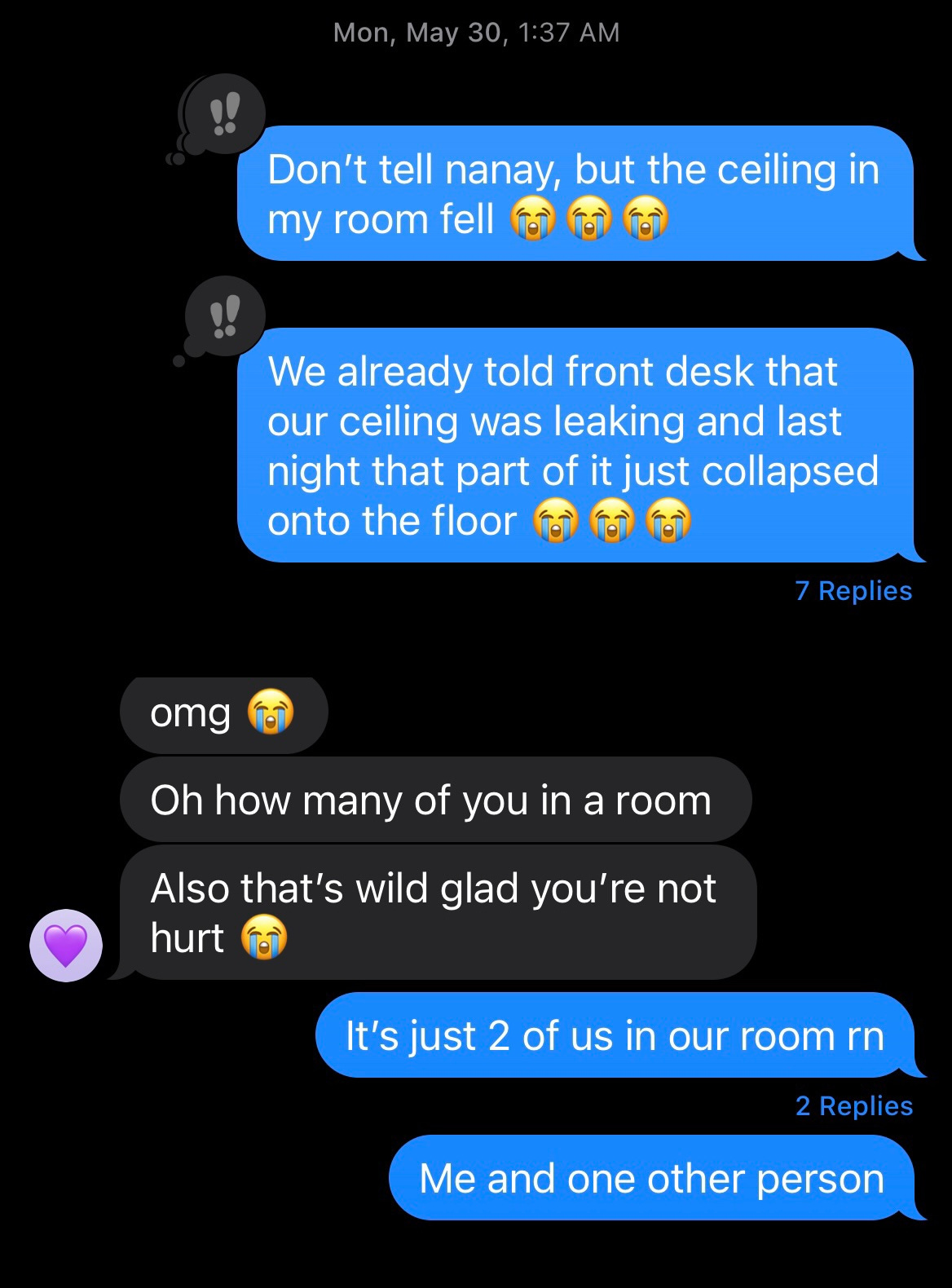Screenshot of iMessage group chat to my sisters letting them know that the ceiling of my hotel in Rome fell due to a leaky air conditioner