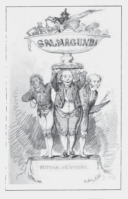 Pencil art of three men in 18th century dress holding aloft a platter filled with a hodgepodge of items