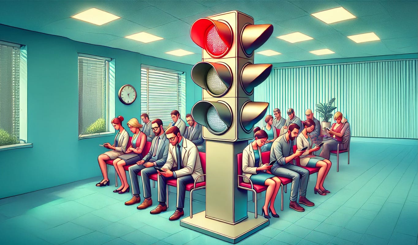 People in a waiting room stare at their phones while a large traffic light with a red signal stands in the center, suggesting digital distraction