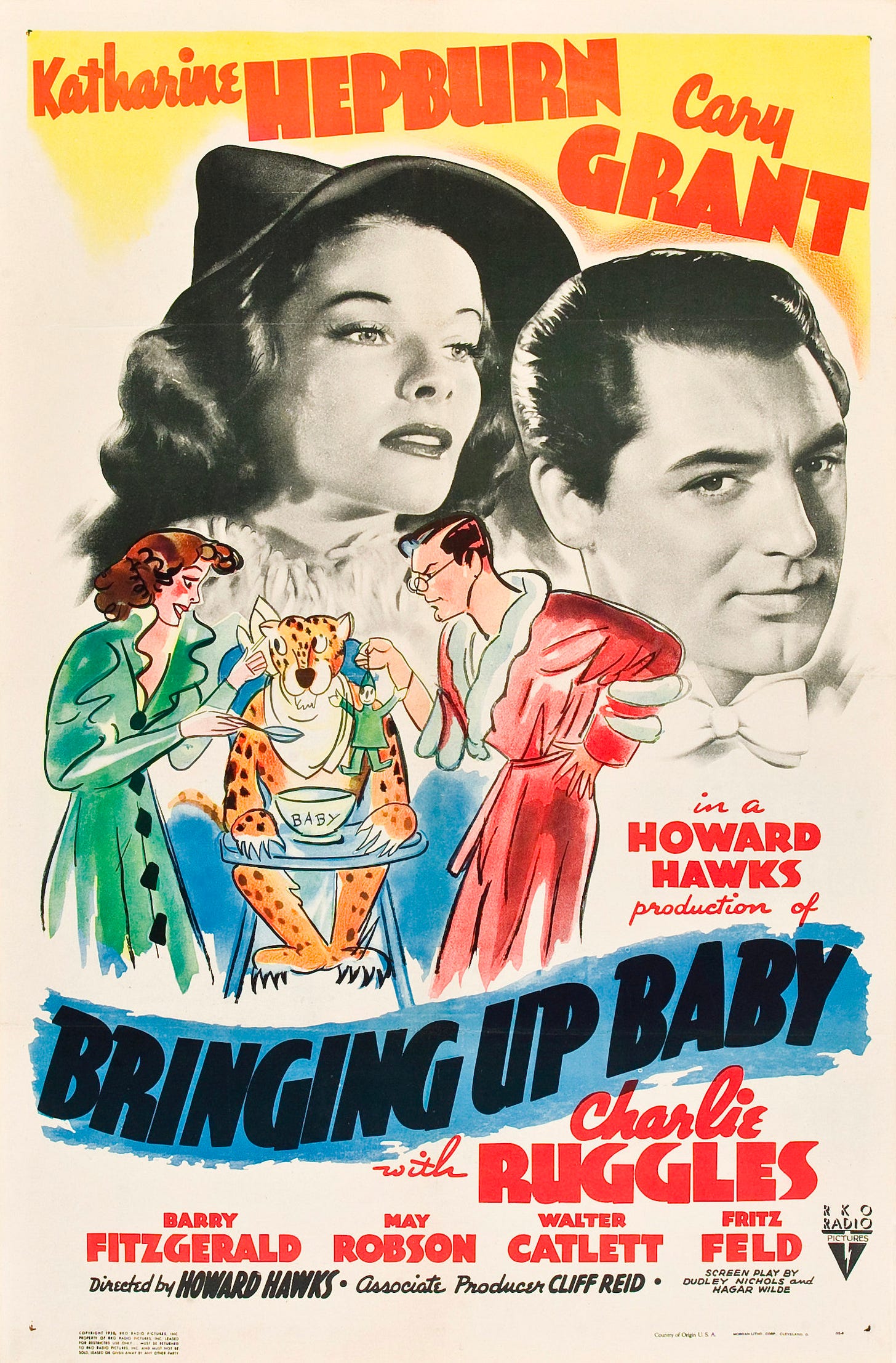 pôster do filme levada da breca de 1938. Ele é todo desenhado à mão bem aos moldes da época. Tem o nome dos dois atores principais no topo, Katharine Hepburn e Cary Grant. Abaixo o rosto deles ilustrado de maneira realista, ela uma mulher de pele bem clara, olhando meio séria para o horizonte com cabelos ondulados escuros com o um chapéu e um rosto anguloso e delicado. E ele com um olhar mais suave, cabelos curtos penteados para trás à maneira dos galãs da época e um olhar mais suave, marcando seu rosto mais redondo e com queixo marcado. Abaixo tem uma ilustração à guisa de charge de duas pessoas, os protagonistas, em volta de uma cadeira de bebê onde tem uma onça sentada, estão tentando alimentá-la. A mulher à esquerda está com uma colher na mão, animada, e o homem está com um roupão feminino, óculos e todo sério, meio bravo. Abaixo seguem as informações do filme: um filme de Howard Hawks. O título original: Bringing up baby. E mais alguns atores. pôster do filme levada da breca de 1938. Ele é todo desenhado à mão bem aos moldes da época. Tem o nome dos dois atores principais no topo, Katharine Hepburn e Cary Grant. Abaixo o rosto deles ilustrado de maneira realista, ela uma mulher de pele bem clara, olhando meio séria para o horizonte com cabelos ondulados escuros com o um chapéu e um rosto anguloso e delicado. E ele com um olhar mais suave, cabelos curtos penteados para trás à maneira dos galãs da época e um olhar mais suave, marcando seu rosto mais redondo e com queixo marcado. Abaixo tem uma ilustração à guisa de charge de duas pessoas, os protagonistas, em volta de uma cadeira de bebê onde tem uma onça sentada, estão tentando alimentá-la. A mulher à esquerda está com uma colher na mão, animada, e o homem está com um roupão feminino, óculos e todo sério, meio bravo. Abaixo seguem as informações do filme: um filme de Howard Hawks. O título original: Bringing up baby. E mais alguns atores.