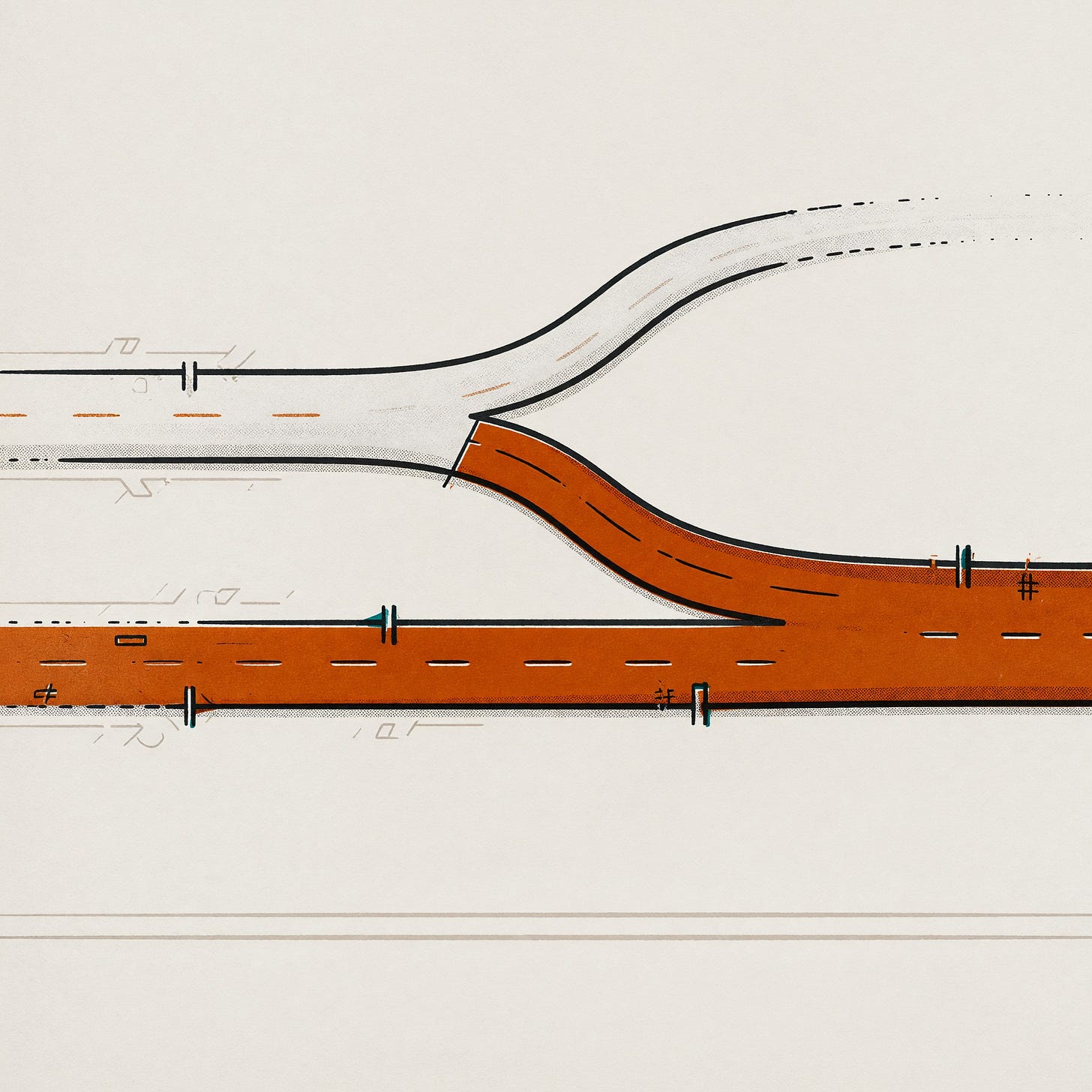 Illustration of a road forking, two pale thin branches curving away and fading while a single wide orange lane runs straight ahead and dominates the frame