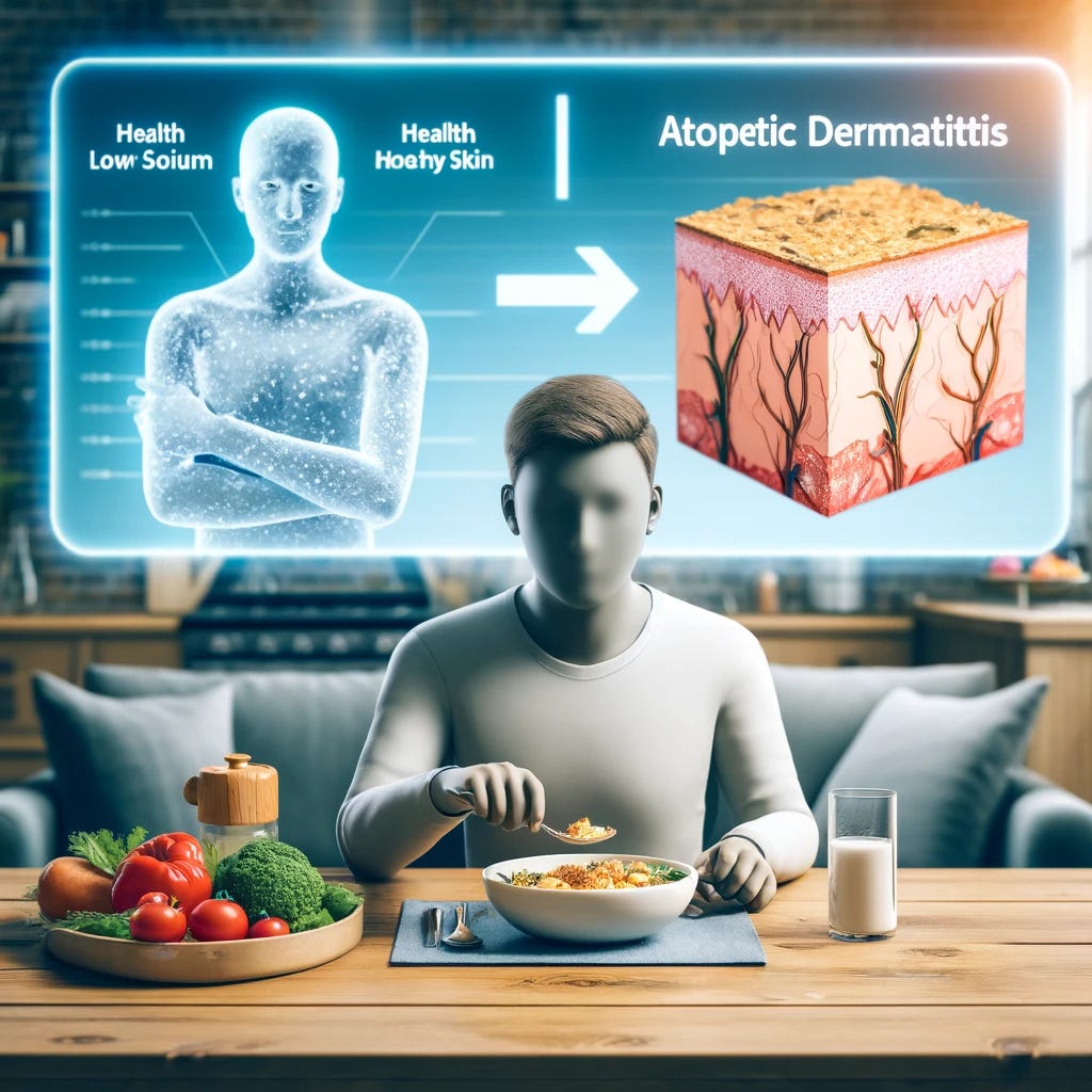 A detailed and informative scene showing a person reducing salt intake for better skin health. The scene includes a person at a dining table with a plate of healthy, low-sodium food. In the background, there is a comparison of healthy skin vs. skin with atopic dermatitis, visually demonstrating the benefits of reducing sodium. The setting is a modern, clean kitchen with natural light highlighting the scene.