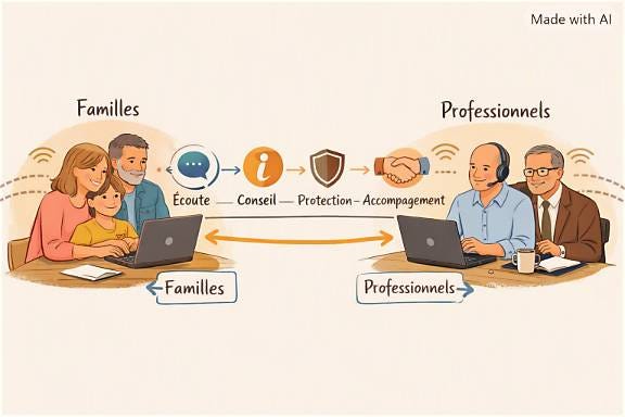 Illustration familles et professionnels connectés Illustration familles et professionnels connectés