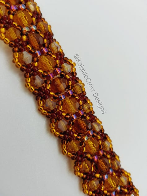 Photos of a sparkly beaded bracelet made with faceted glass beads and seed beads in colors of amber, dark red, honey, and brown.