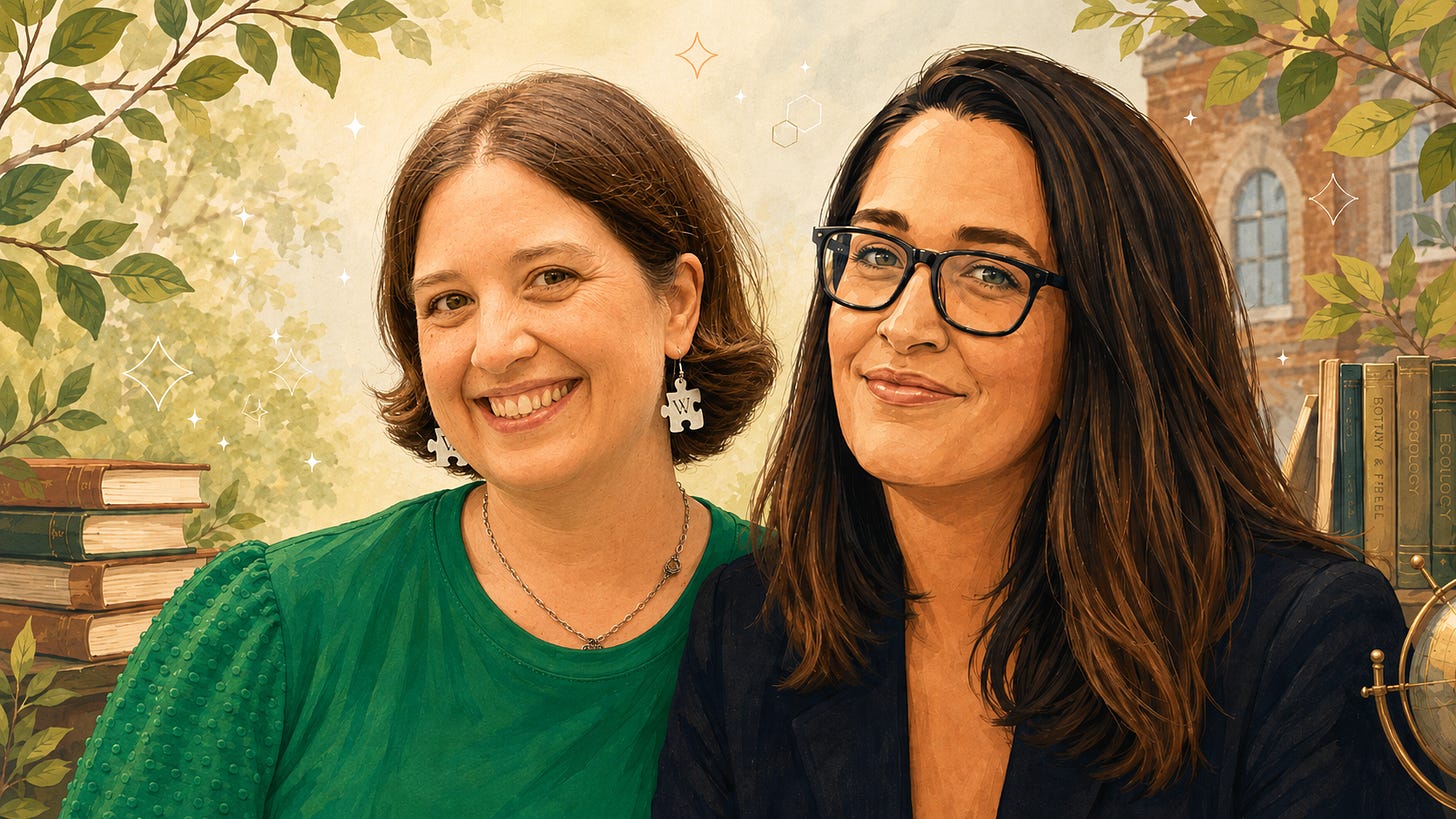 A landscape editorial illustration shows two women posed closely together from the shoulders up, smiling toward the viewer. The woman on the left has short brown hair, a bright green top with textured sleeves, a necklace, and dangling puzzle-piece earrings. The woman on the right has long brown hair, dark-framed glasses, and a dark blazer. They appear as collaborators in a blended outdoor and academic setting, with leafy branches, stacks of books, a partial globe, and a softly rendered campus building in the background. Small geometric sparkles add a gentle sense of whimsy while keeping the image scholarly and polished.