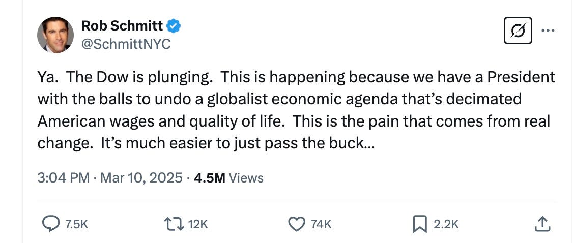 “Ya. The Dow is plunging. This is happening because we have a President with the balls to undo a globalist economic agenda that’s decimated American wages and quality of life. This is the pain that comes from real change. It’s much easier to just pass the buck…”