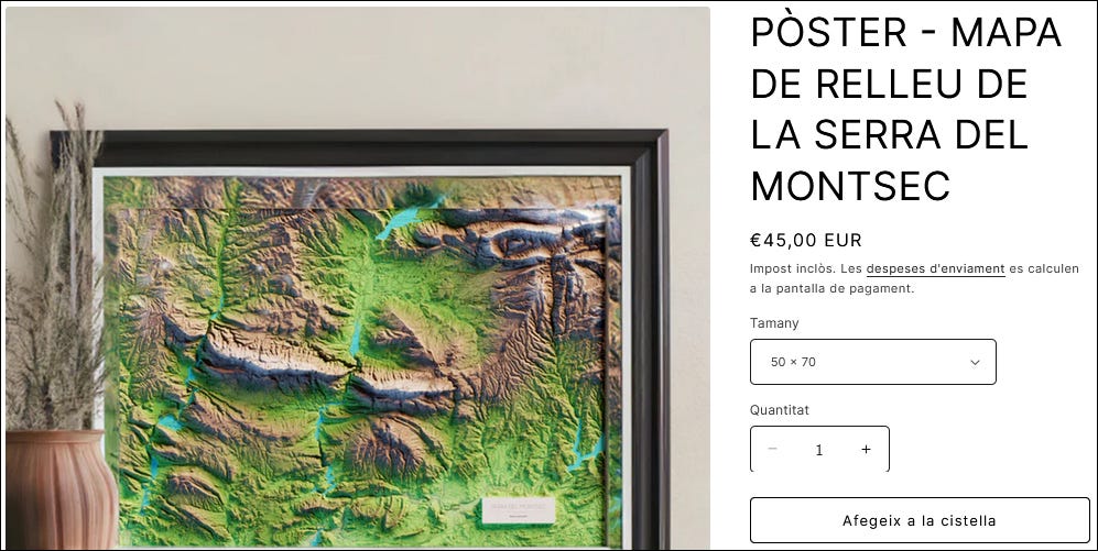 Porta la majestuositat de la Serra del Montsec a les teves parets. El Montsec de l’Estall, el Montsec d’Ares i el Montsec de Rúbies (o de Meià), en un mapa de relleu (2D) que inclou Benavarri, Tremp, Ponts i Balaguer.