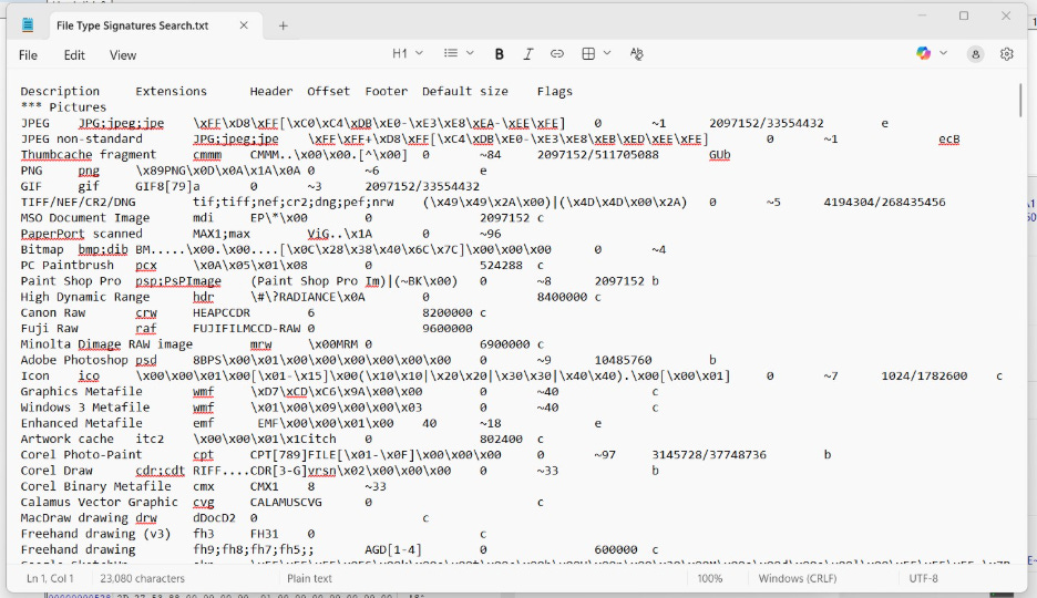 A screenshot of a text file displayin the file type signature list for the WinHex tool.