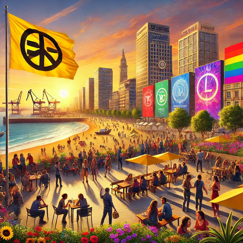 A vibrant scene representing a libertarian version of Matosinhos, Portugal. The image features the famous beach of Matosinhos with its modern buildings and the Leixões port in the background, illuminated by a warm sunset. In the foreground, diverse people of different ages and ethnicities are gathered in an open space, such as a park or plaza, engaged in discussions, sharing knowledge, or participating in cultural activities. Peaceful and colorful flags with the libertarian symbol (a combination of the letter 'L' and a stylized bird) are subtly present, symbolizing freedom and collective solidarity. The environment is adorned with street art murals conveying messages of equality, liberty, and solidarity. Trees and flowers are prominent, representing the harmony between society and nature.