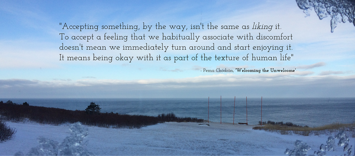 Image of a snowy field leading to a sea cliff taken through a window with a quote from Pema Chödrön on it. Image of a snowy field leading to a sea cliff taken through a window with a quote from Pema Chödrön on it.
