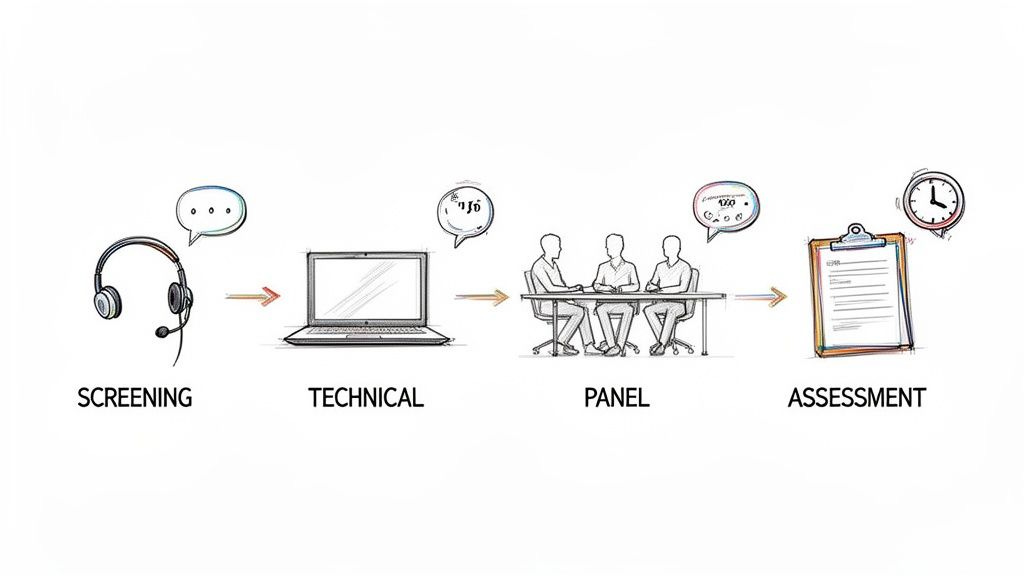 A visual representation of a four-step hiring process: screening, technical, panel, and assessment stages. A visual representation of a four-step hiring process: screening, technical, panel, and assessment stages.