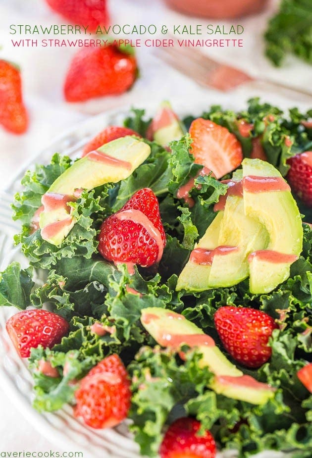 Strawberry, Avocado, and Kale Salad with Strawberry-Apple Cider Vinaigrette - Make a kale lover out of anyone in this healthy salad with creamy avocado and juicy berries! Strawberry, Avocado, and Kale Salad with Strawberry-Apple Cider Vinaigrette - Make a kale lover out of anyone in this healthy salad with creamy avocado and juicy berries!