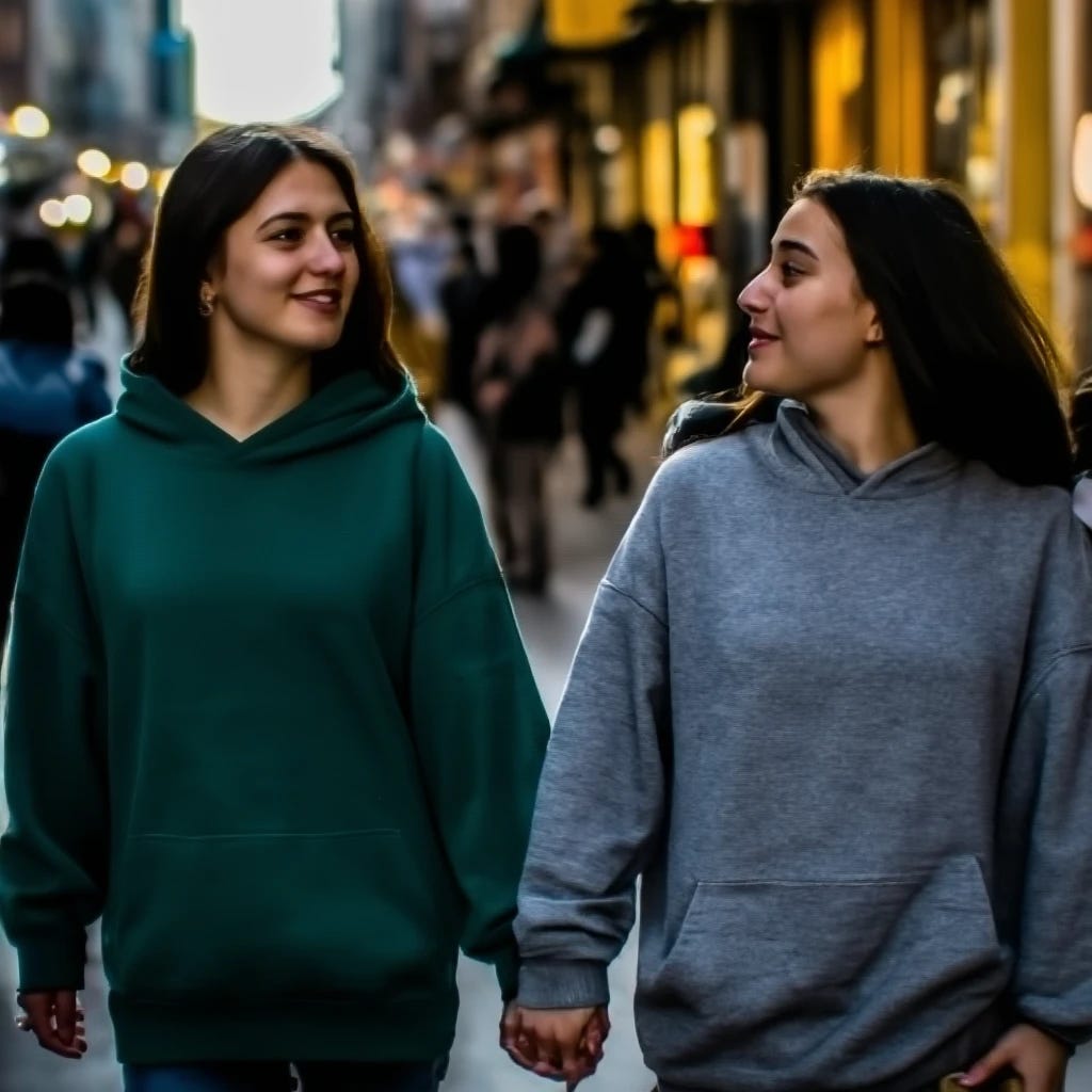 2 lesbian women holding hands and wearing hoodies