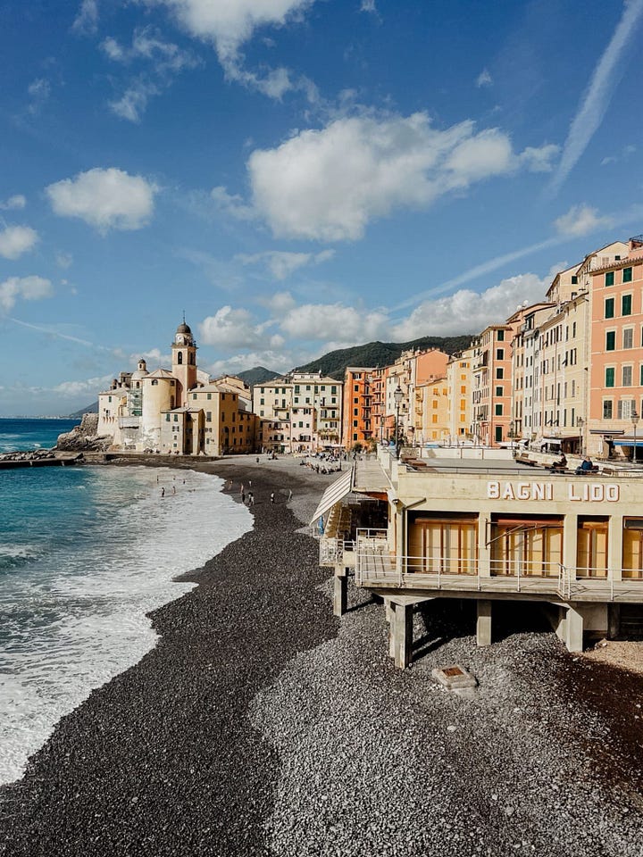 Photos of the beach in Camogli, Italy in the region of Liguria in the Italian Riviera