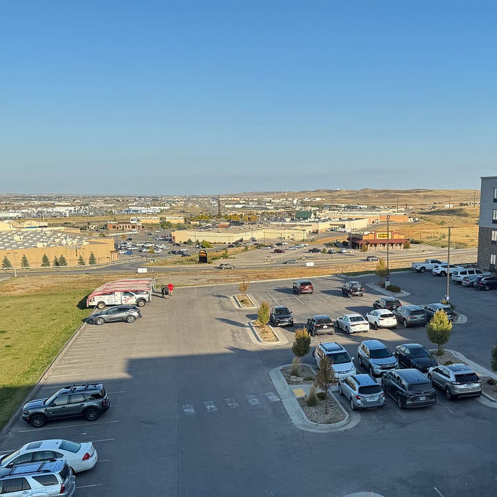 Views from a hotel room in Montana and South Dakota