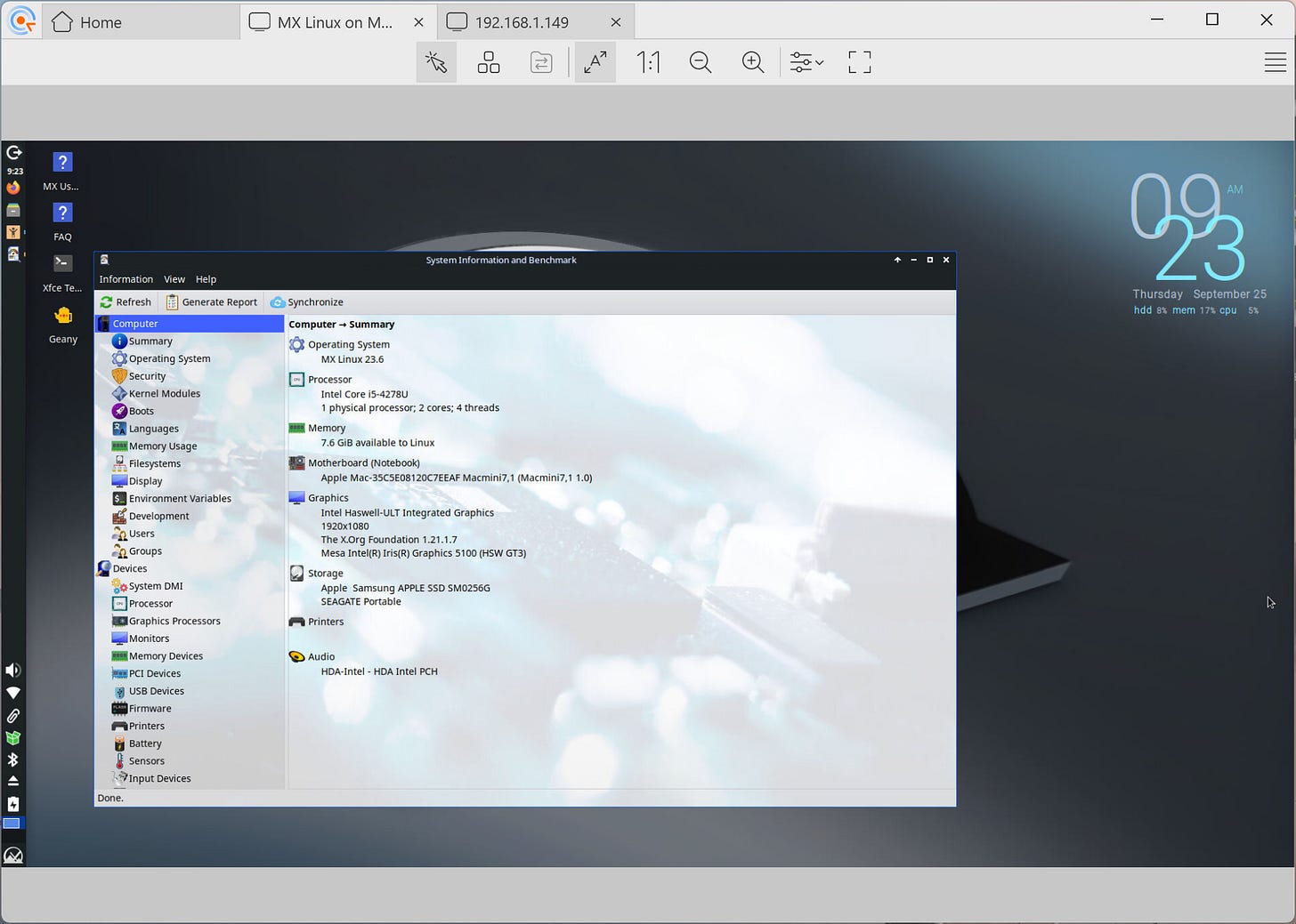 System information for MX Linux on the Mac Mini