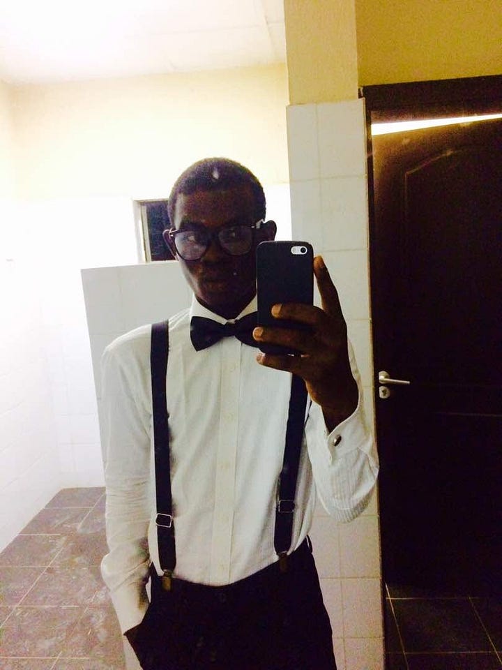Yakubu takes a bathroom selfie and in the other, he stands in an auditorium in Media school.
