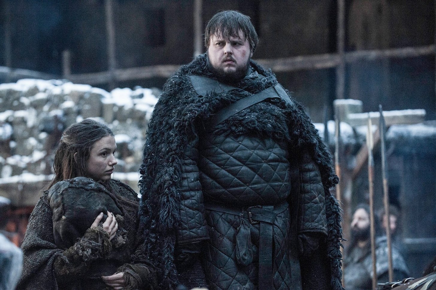 John Bradley as Samwell Tarly and Hannah Murray as Gilly from Game of Thrones, featured in a 4K Ultra HD TV show wallpaper background.