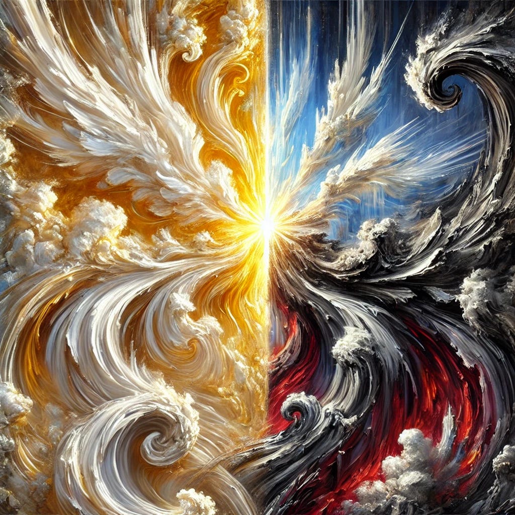 An abstract art piece representing the eternal battle between Good and Evil. On one side of the vertical canvas, bright, harmonious forms in gold, white, and sky blue represent Good—rising with fluid motion and radiant energy. Opposing them are jagged, chaotic shapes in black, crimson, and deep gray, symbolizing Evil—creeping and twisting with aggressive intensity. The center of the piece shows their collision, where light pushes into the darkness, sending fragments of shadow scattering. The composition is emotionally intense, symbolic, and dynamic, filled with contrast and the theme of moral struggle. The aspect ratio is 2:3 (portrait).