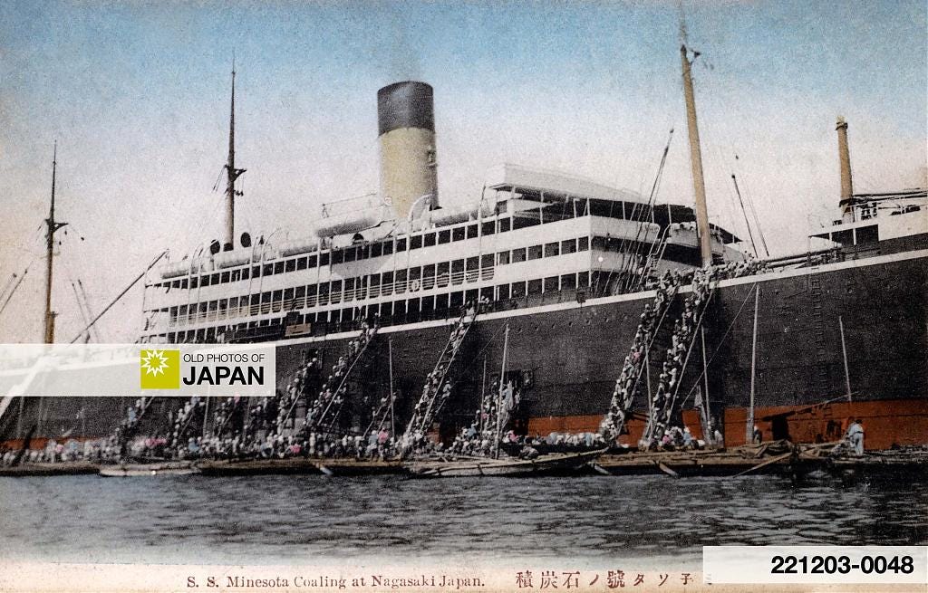 Nagasaki harbor workers coaling the American steamer S.S. Minnesota, ca. 1908 Nagasaki harbor workers coaling the American steamer S.S. Minnesota, ca. 1908