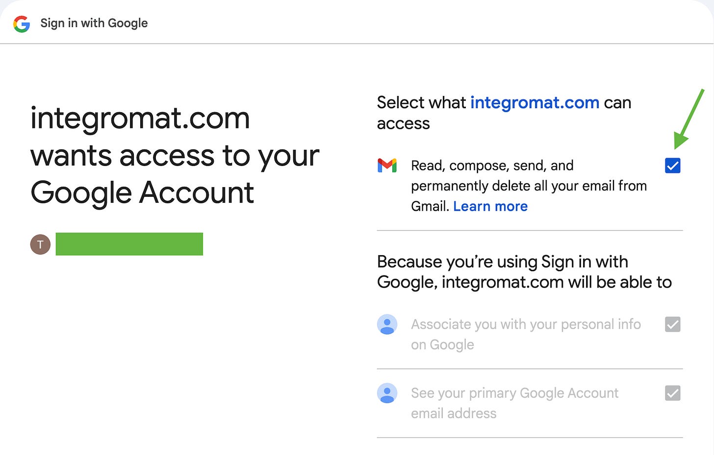 Screenshot of Google permissions screen showing checkboxes for granting Gmail access to Make.com
