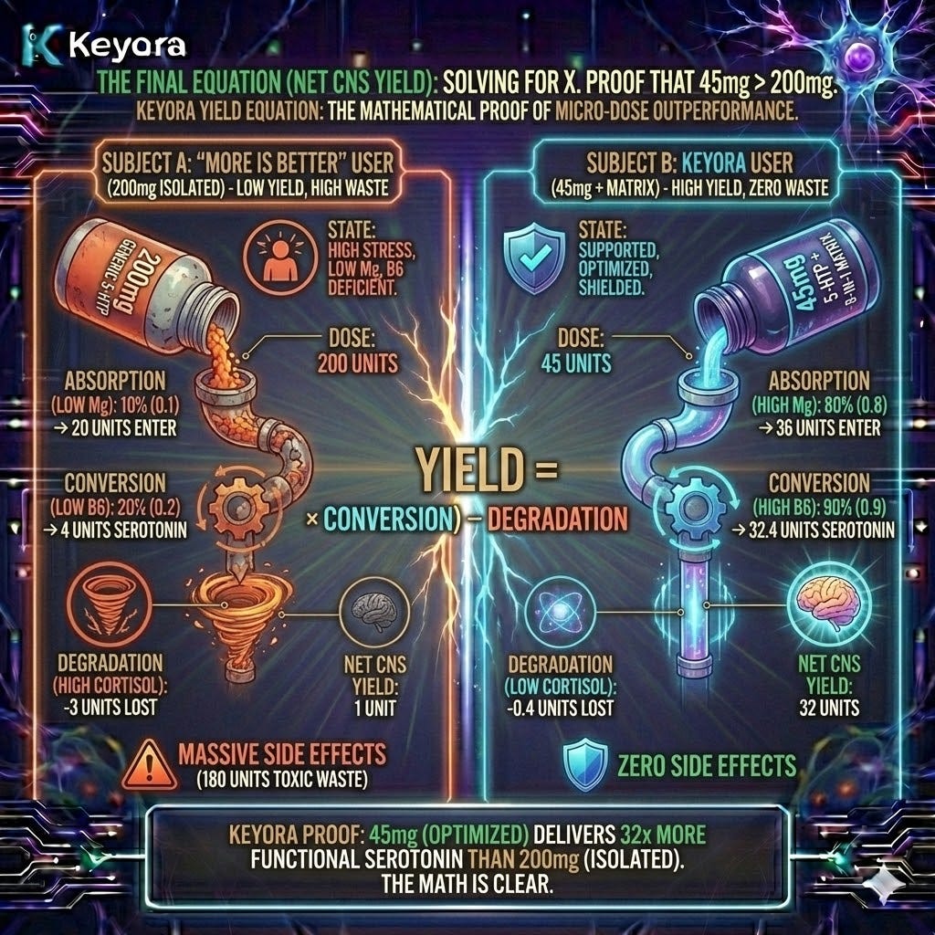 The Keyora Yield Equation demonstrates that a 45mg optimized dose achieves 32x the functional Serotonin of a 200mg isolate by maximizing the variable coefficients of Absorption and Conversion while minimizing Degradation. The Keyora Yield Equation demonstrates that a 45mg optimized dose achieves 32x the functional Serotonin of a 200mg isolate by maximizing the variable coefficients of Absorption and Conversion while minimizing Degradation.