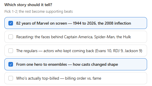 Claude Design interview asking which Marvel dataset story the animation should tell.