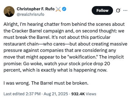 Four images of conservative activists yelling at Cracker Barrel.