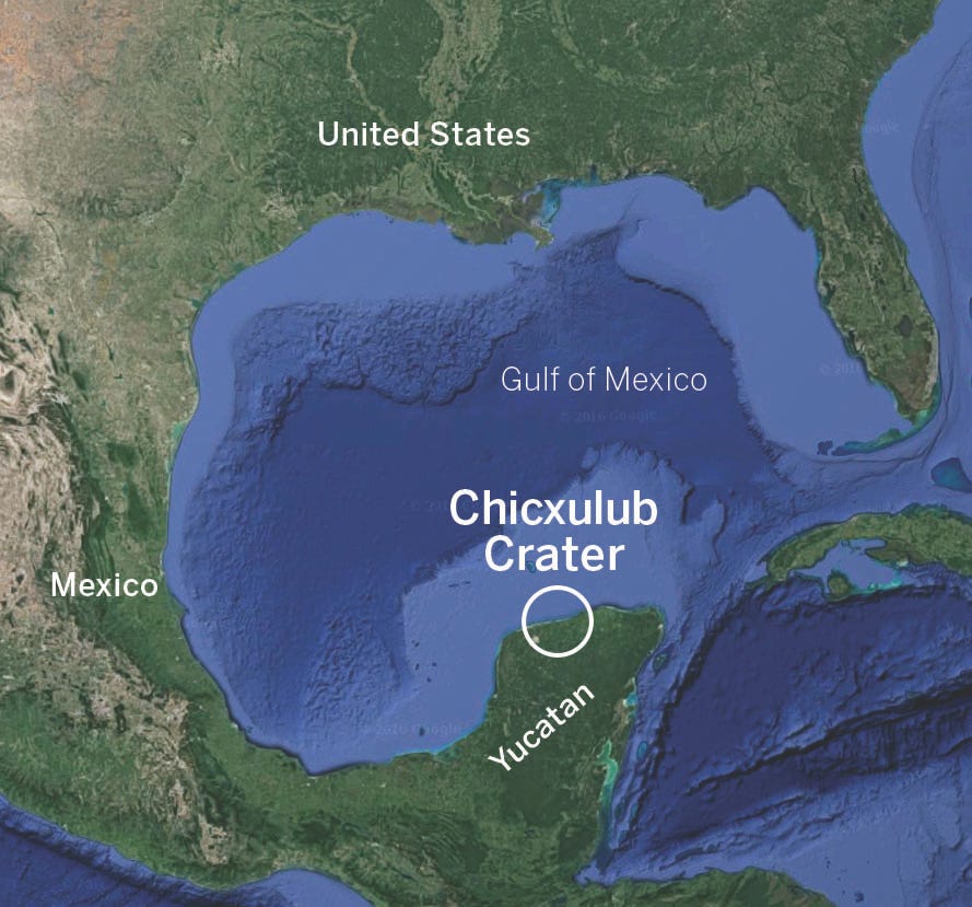 Satellite map of the Gulf of Mexico showing the location of the Chicxulub impact crater beneath the Yucatán Peninsula in Mexico. A white circle marks the approximate impact site responsible for the mass extinction event that ended the Cretaceous Period 66 million years ago. 