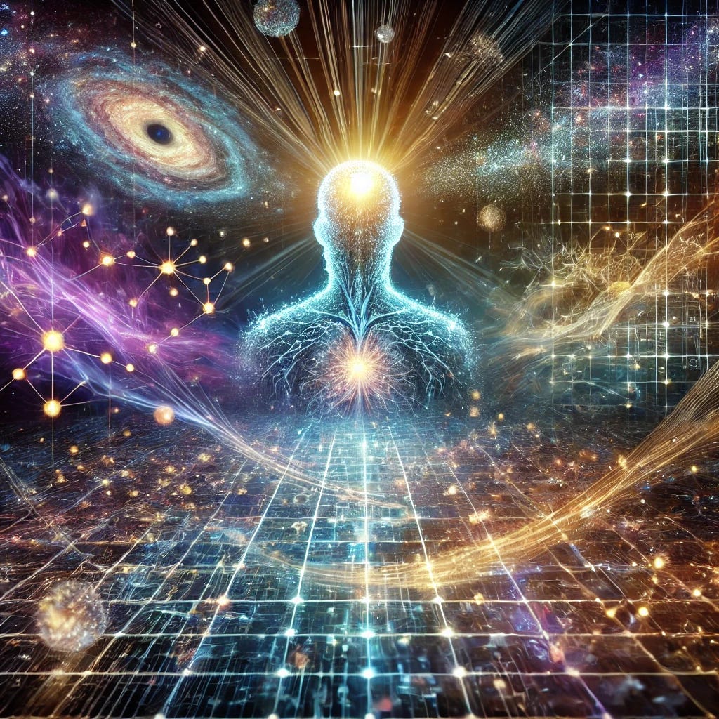 A cosmic scene depicting the interconnectedness of life, consciousness, and reality. At the center, a glowing human silhouette is surrounded by shimmering quantum waves and entangled particles, radiating outward and merging with vast cosmic elements like galaxies, stars, and digital-like grids, symbolizing the universe as both physical and informational. Nearby, faint outlines of cells and neurons blur into abstract patterns of quantum superpositions and wave functions, suggesting the link between life and the quantum realm. The silhouette's head is illuminated, representing consciousness, with streams of light connecting it to the cosmos, implying that life is both an observer and a creator of reality. The color palette features ethereal blues, purples, and golds, evoking a sense of mystery and awe. The style is futuristic, blending photorealism and abstract digital art, with subtle overlays of mathematical equations and holographic grids hinting at quantum mechanics and simulation theory. The mood is thought-provoking, cosmic, and awe-inspiring.