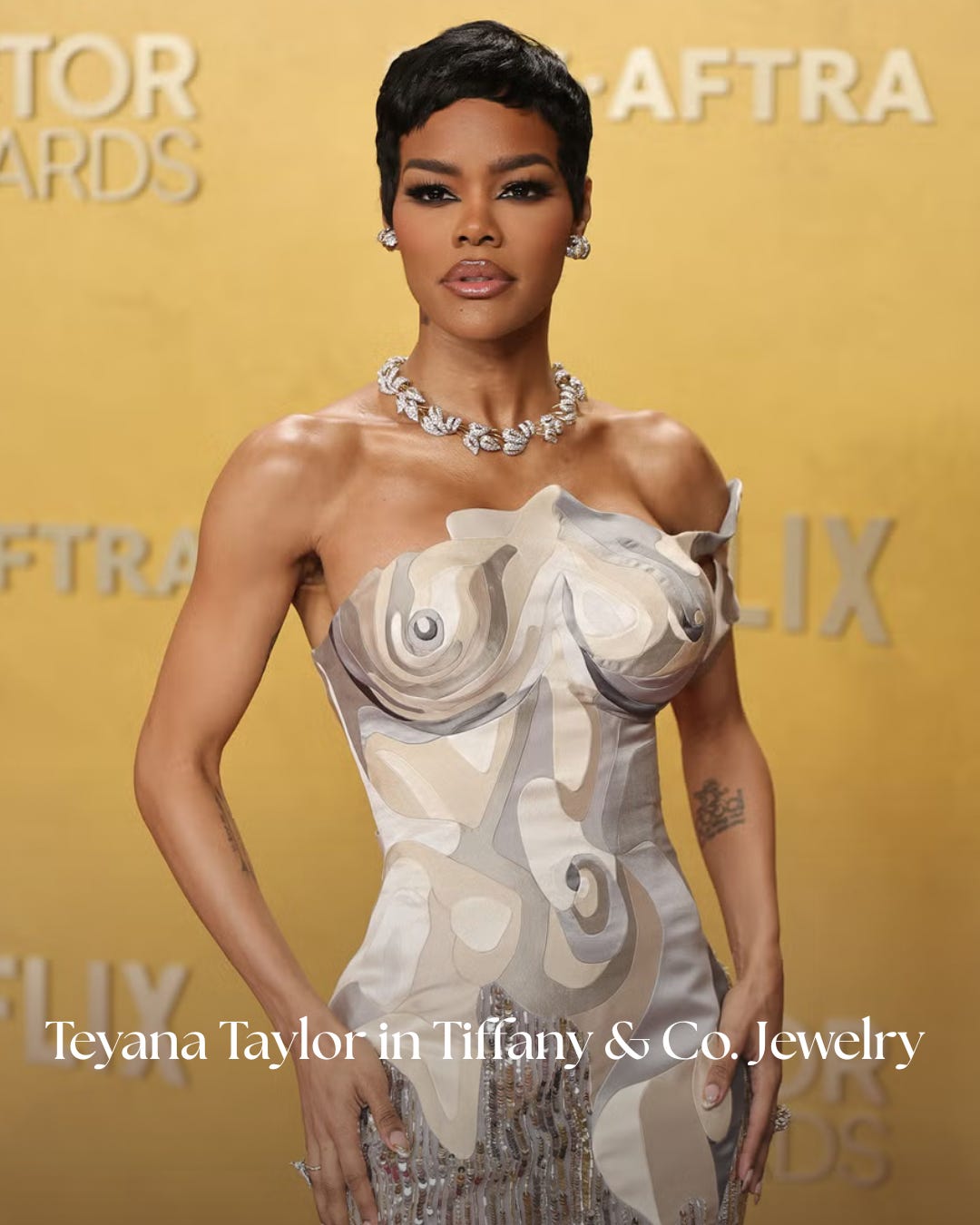 Teyana Taylor wearing diamond jewelry by Tiffany & Co. at the Actors Awards 2026 red carpet.