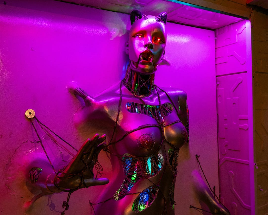 A robot with human-like breasts stands in a room reminiscent of red-light district displays.