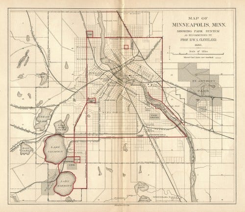 Horace Cleveland's Map of Minneapolis (1883) (via http://minneapolisparkhistory.com) Horace Cleveland's Map of Minneapolis (1883) (via http://minneapolisparkhistory.com)