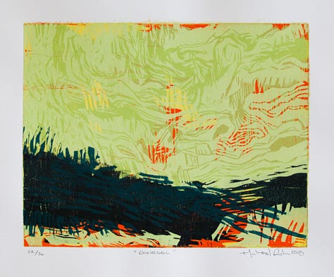 Large scale black and white woodcut by artists, Michael Rich