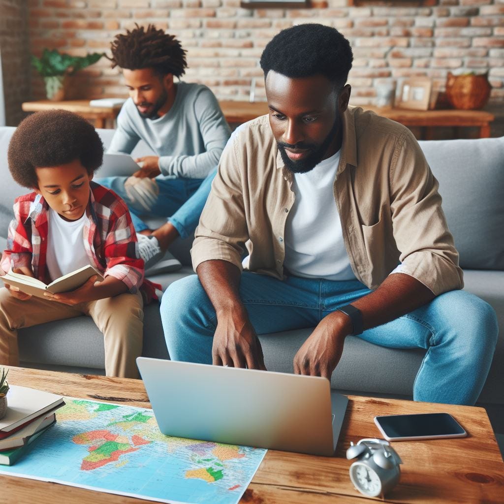 father sitting at laptop using chatgpt to plan family vacation