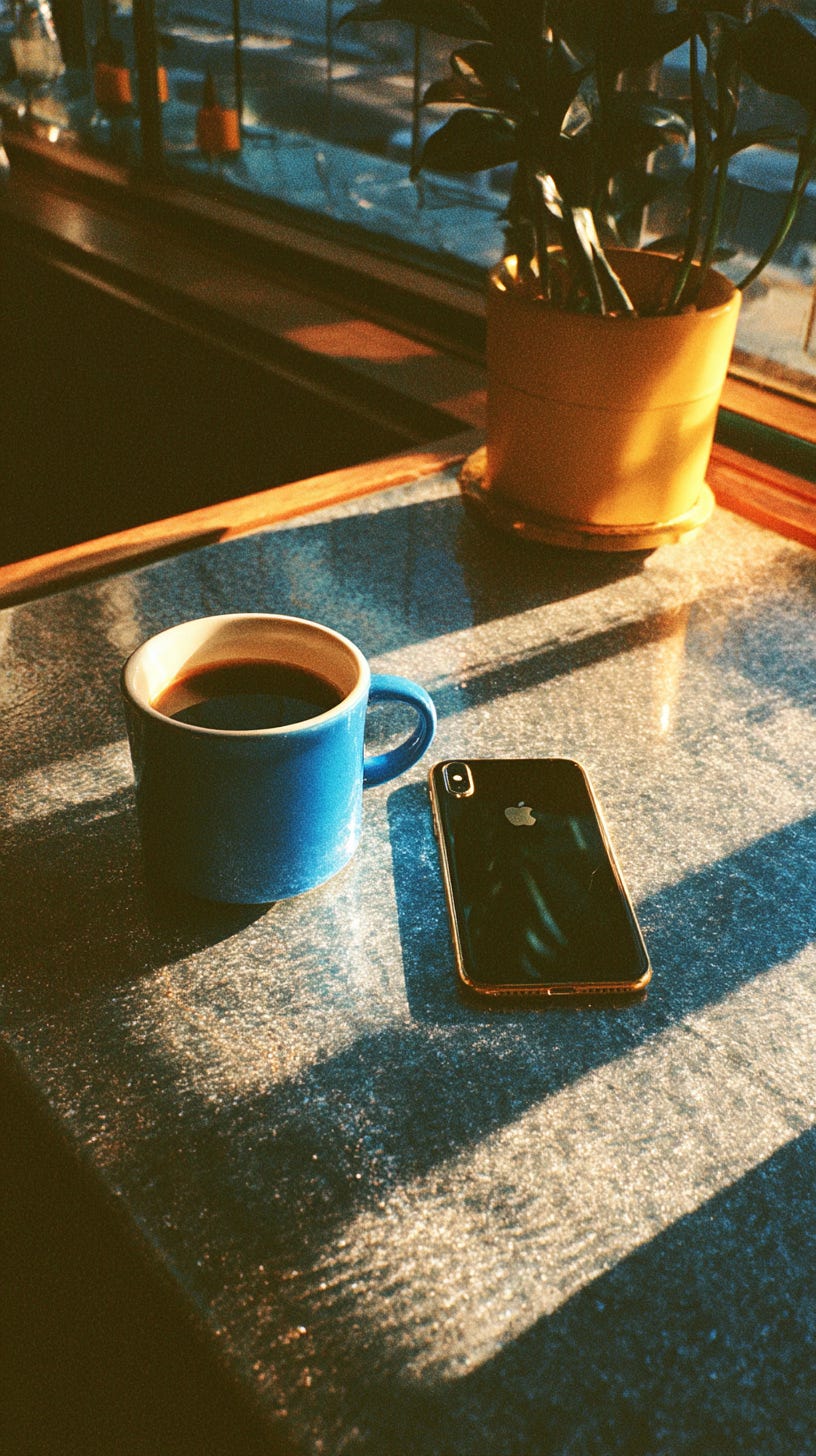 Blue coffee cup next to phone on the kitchen table in the morning Blue coffee cup next to phone on the kitchen table in the morning