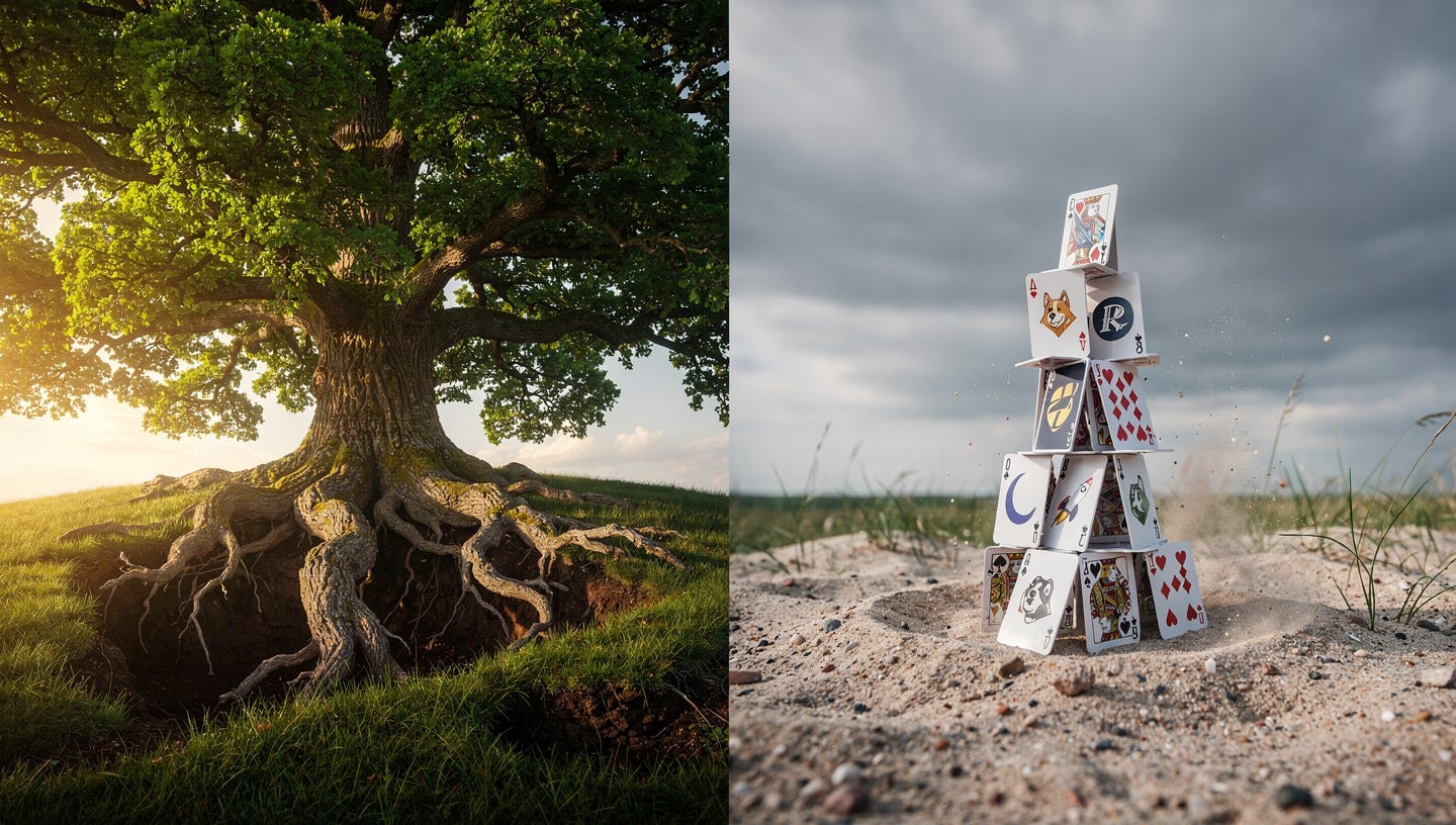 A photorealistic landscape photograph comparing two distinct elements side-by-side on a split grassy hill. On the left, a massive, ancient oak tree with incredibly thick, gnarled trunk and deep, visible roots anchored firmly into solid, rich earth. Its canopy is lush and healthy, bathed in warm, golden hour sunlight, symbolizing permanent strength. On the right, a tall, precarious house of cards built from standard playing cards featuring various generic altcoin logos (like dog heads, moons, and rockets). The house of cards is teetering in a slight breeze, on loose, sandy ground, looking ready to collapse at any moment. The lighting on the right is slightly more overcast and uncertain. Highly detailed textures, cinematic depth of field, 8k resolution. --ar 16:9 A photorealistic landscape photograph comparing two distinct elements side-by-side on a split grassy hill. On the left, a massive, ancient oak tree with incredibly thick, gnarled trunk and deep, visible roots anchored firmly into solid, rich earth. Its canopy is lush and healthy, bathed in warm, golden hour sunlight, symbolizing permanent strength. On the right, a tall, precarious house of cards built from standard playing cards featuring various generic altcoin logos (like dog heads, moons, and rockets). The house of cards is teetering in a slight breeze, on loose, sandy ground, looking ready to collapse at any moment. The lighting on the right is slightly more overcast and uncertain. Highly detailed textures, cinematic depth of field, 8k resolution. --ar 16:9