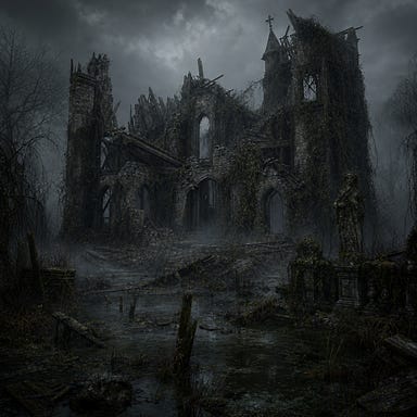 Ruined Burgomaster’s mansion of Berez — collapsed stone walls sinking into swamp mud, broken timbers jutting like ribs, shattered windows gaping into fog, overgrown vines choking the structure, eerie stillness hanging over the decayed estate
